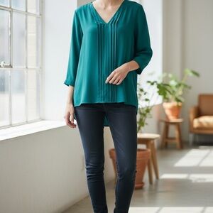 Women’s Teal V-Neck Pleated Blouse